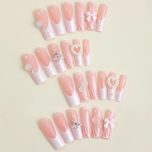 Pink and white French long coffin press-on nails with 3D rose and bow charms decoration