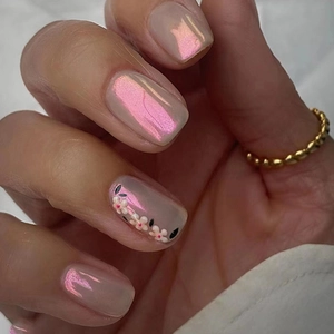 Press On Nails Artificial ABS Glossy Aurora Pink White Floral Medium Long Square Fake Nails For Women Sweet Simple Style