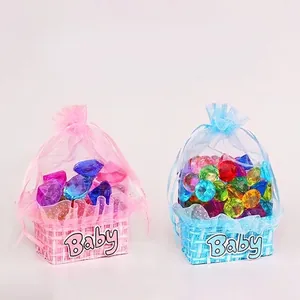 Mini woven gift baskets with mesh closure and colorful gems in pink and blue