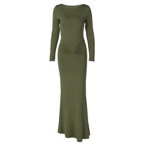 Elegant olive green long sleeve maxi dress with slim fit ruched design and round neck