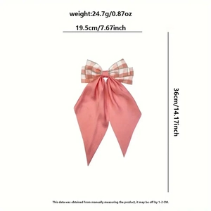 Pink plaid bow hair clip for women with detailed measurements 36cm length and 19.5cm width