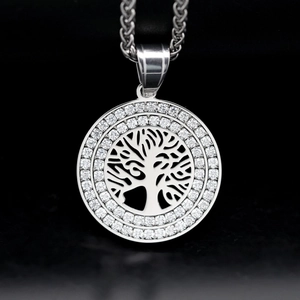 Double-layered zircon Tree of Life pendant necklace with twist chain in stainless steel
