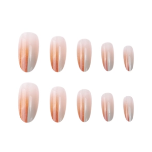 Long oval gradient orange and brown press-on nails with stylish grey accents