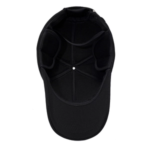 Internal structure of a black winter baseball cap showing 6-panel design and sweatband