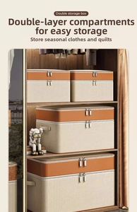 Detail of dual-layer storage box with faux leather lid and woven texture in a closet