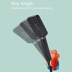 Adjustable black shower head with orange cat claw drill-free bracket on blue background