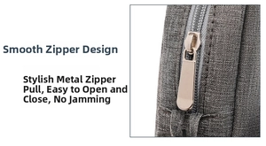 Detail of smooth silver metal zipper on textured gray oxford fabric laptop bag