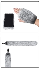 Detail of grey faux fur cosplay set featuring fluffy claw gloves and long animal tail props
