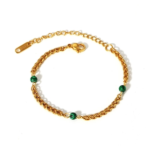 Collier en acier inoxydable plaqué or 18K avec perles de malachite verte et chaîne torsadée