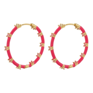 Vibrant rose pink enamel gold hoop earrings with sparkling micro-inlaid pink cubic zirconia