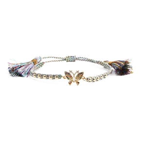 Bohemian woven bracelet with gold butterfly pendant, colorful zircons and tassel accents