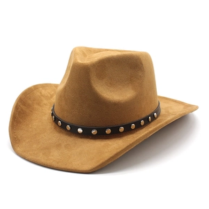 Classic brown faux suede cowboy hat with studded leather band and wide brim design