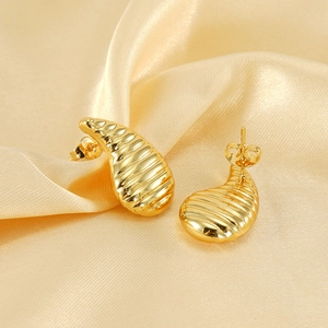 Elegant gold plated stainless steel teardrop stud earrings with textured croissant pattern