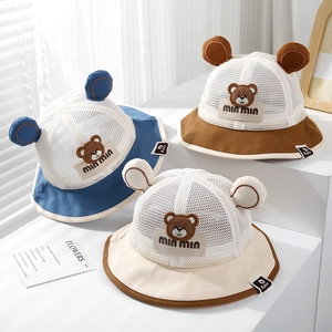 Baby Bucket Hat Summer Mesh Breathable Sun Protection Cute Cartoon Bear Ears Toddler Fisherman Hat With Windproof Rope