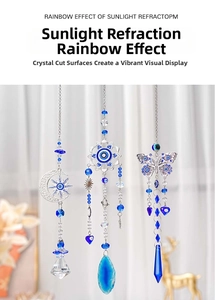 Detailed view of evil eye suncatcher with blue crystals and butterfly metal charms