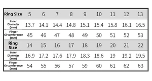 Size chart showing inner diameter and circumference for S925 silver black agate rings