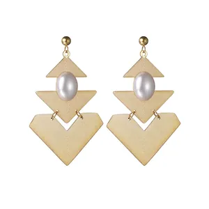 Geometric Triangle Stacked Dangle Earrings Stainless Steel With Faux Artificial Pearl Vintage French Style Women Retro Drop Jewelry