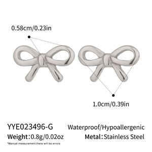 Detailed specs of bow earrings showing dimensions, weight, and stainless steel material