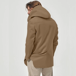 Rear view of men's khaki hooded trench coat with thick textured fabric and long-line cut
