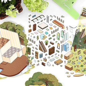2.5D DIY scene stickers set featuring hand-drawn miniature house furniture and outdoor landscapes