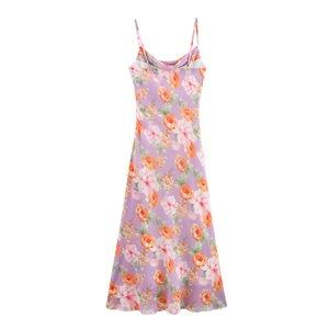 Elegant purple floral midi dress with cowl neck and slim fit spaghetti straps design