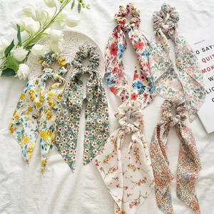 Floral Print Hair Scrunchies With Long Ribbon Chiffon Fabric Sweet French Style Ponytail Holder For Women Girls