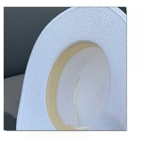 Detail of white woven straw hat showing internal sweatband and adjustable drawstring strap