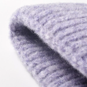 Thick purple ribbed knit beanie for women with warm jacquard fabric and ear protection