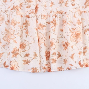 Abito etnico con scollo a V, stampa floreale vintage e orlo con ricamo traforato