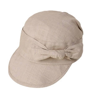 Women's beige cotton linen bucket hat with small brim and side bow tie detail