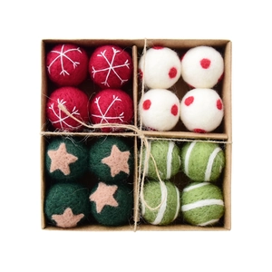 Set of 16 Christmas wool felt balls in festive patterns inside a rustic kraft gift box