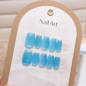 Handmade Press On Nails Jelly Blue Cat Eye Effect Short Square Fake Nails Removable Manicure Fashionable For Women