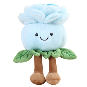 Creative blue rose plush toy with smiling face and green leaves on white background