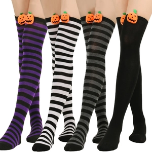 Halloween over-the-knee striped socks with orange pumpkin patches in four assorted colors