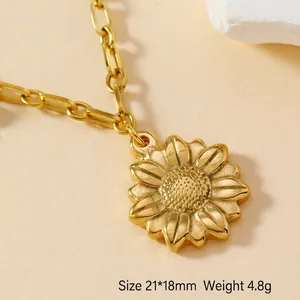 Detail of golden sunflower pendant necklace showing size 21*18mm and 4.8g weight