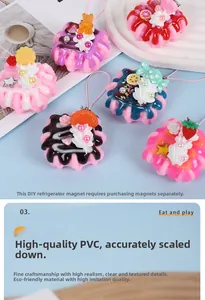 Macro detail of colorful DIY PVC waffle dessert charms with cream frosting and fruit toppings