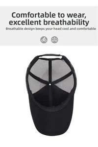 Detailed close-up of breathable black mesh trucker hat showing the ventilated fabric design