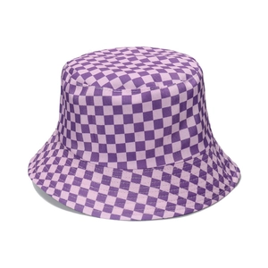 Classic purple checkered fisherman bucket hat in thick canvas fabric on white background