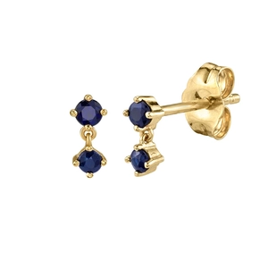 Vertical gold earrings with double round blue cubic zirconia and butterfly backings