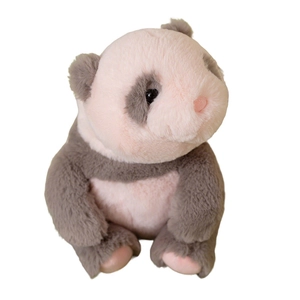 Cute pink and grey plush panda doll in sitting pose with soft texture and fluffy fur