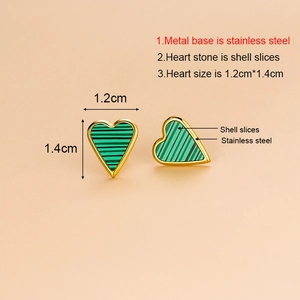 Elegant heart-shaped stainless steel earrings with green striped shell inlay and gold finish