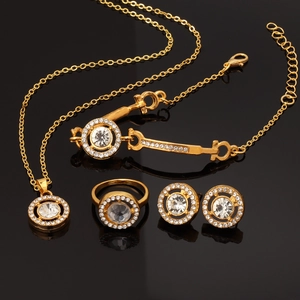 Elegant Round Halo Jewelry For Women Including Necklace Bracelet Ring And Earrings Alloy Shiny Rhinestone Fashion