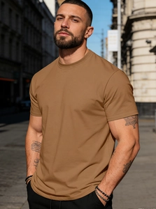 Detail of classic crew neck khaki cotton t-shirt for men with a refined fabric texture