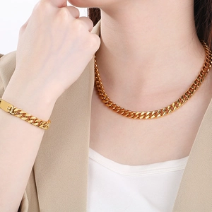 Ensemble collier et bracelet à maillons cubains dorés classiques pour hommes et femmes