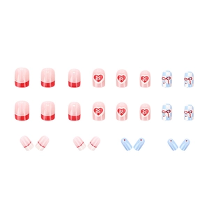 French blue checkerboard and sweet heart bow press-on nail set with 24 pieces