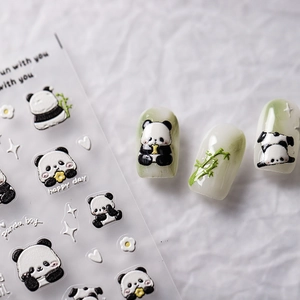 Cute panda and bamboo nail stickers with decorative stars and hearts for nail art