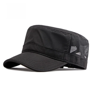 Detail view of the breathable mesh side panels on this black flat top army cap