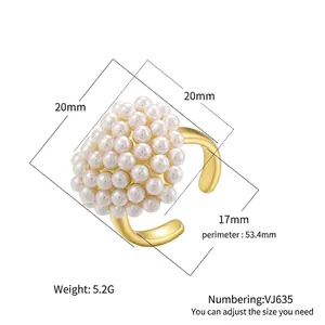 Elegant French style gold open ring with small white pearls and dimension specifications