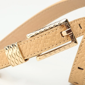 Women's cream textured leather belt with vintage gold buckle and stone pattern