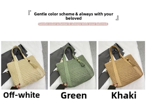 Detail of woven straw tote bags with long straps and stylish tassel fringe accents